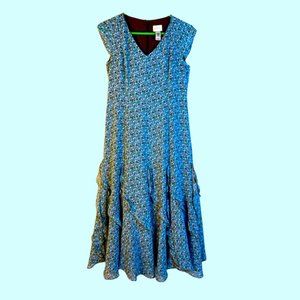 Emma James Petite Blue and Black Floral Ruffle Skirt Accent Midi Dress Size 6P